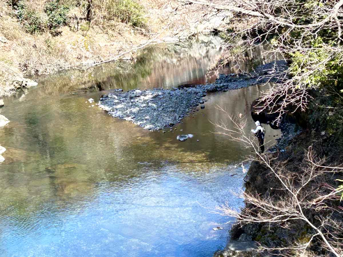 川べりです　深い場所はエメラルド色でした